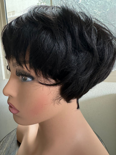 Black Short layered pixie wigs for women human hair wigs with bangs glueless