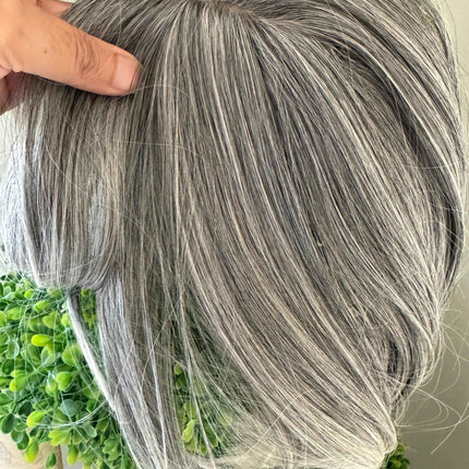 Till style  grey hair toppers for women  Salt and Pepper pale white Mix Hair with yellowish white