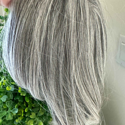 Till style  grey hair toppers for women  Salt and Pepper pale white Mix Hair with yellowish white