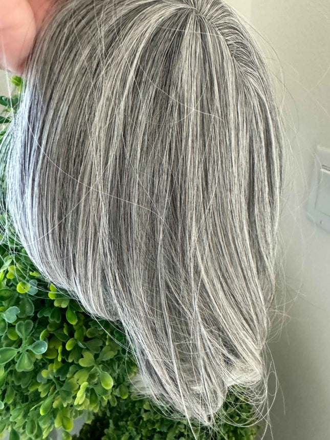 Till style  grey hair toppers for women  Salt and Pepper pale white Mix Hair with yellowish white