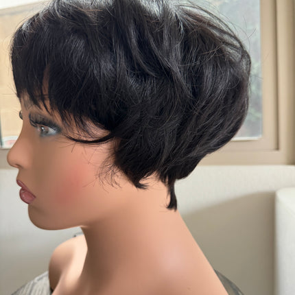 Black Short layered pixie wigs for women human hair wigs with bangs glueless