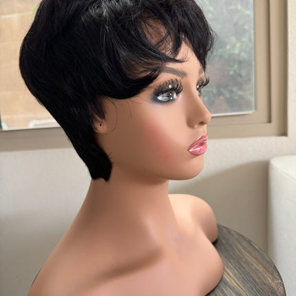 Black Short layered pixie wigs for women human hair wigs with bangs glueless