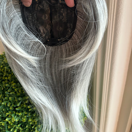 Till style  grey hair toppers for women with butterfly bangs Salt and Pepper pale white Mix Hair