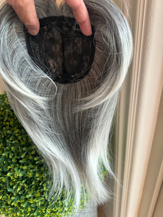 Till style  grey hair toppers for women with butterfly bangs Salt and Pepper pale white Mix Hair