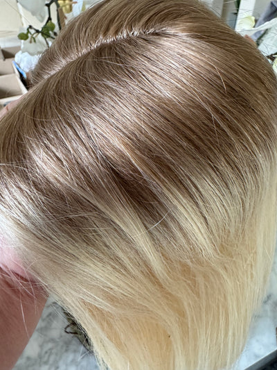 Tillstyle blonde highlighted human hair topper with mono base /ash blonde roots