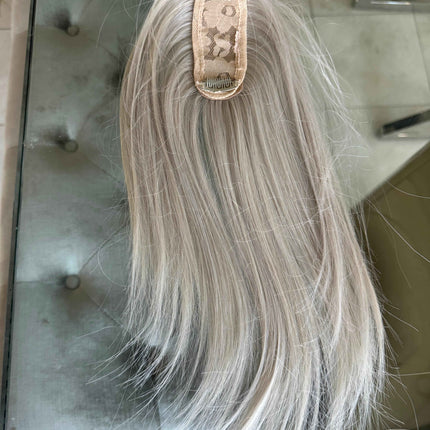 Tillstyle synthetic hair top piece  with bangs white blonde /ice blonde clip in hair piece for thinning crown