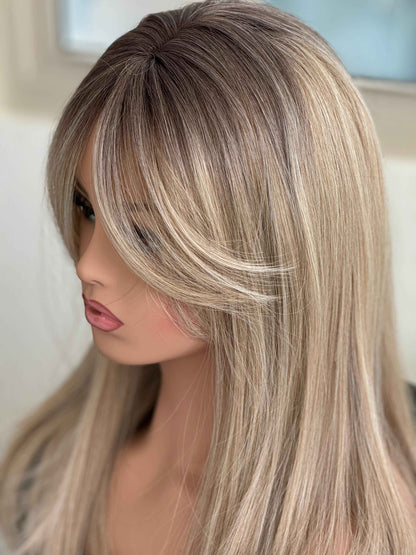 Tillstyle  blonde with ombre brown roots hair toppers with bangs