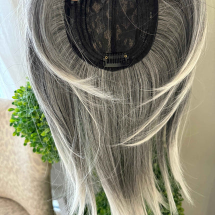 Till style  grey hair toppers for women  Salt and Pepper pale white Mix Hair with yellowish white