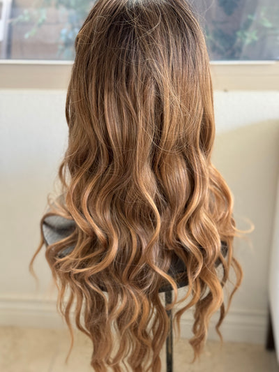 Tillstyle long ombre caramel wavy for women 26 inch middle part curly wavy wig