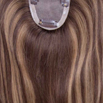 human virgin hair topper clip in mono mesh base medium brown highlighted