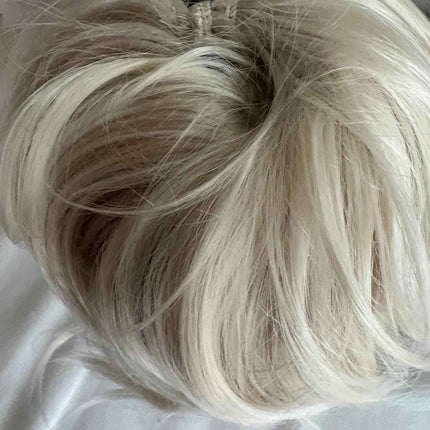 Tillstyle elastic hair bun scrunchie straight hair with bangs bleach blonde