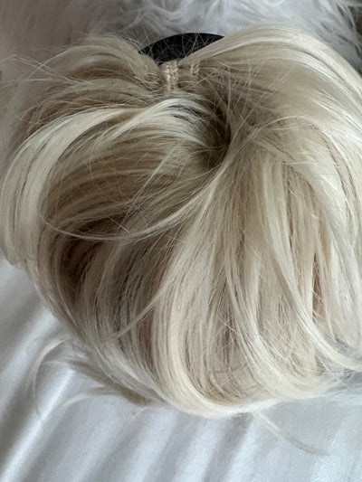 Tillstyle elastic hair bun scrunchie straight hair with bangs bleach blonde