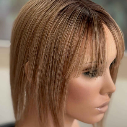 Till style remy human Hair Toppers with bangs brown with dark roots