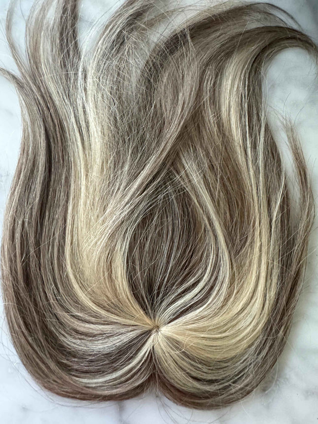 Tillstyle top hair piece 100%human hair ash brown/ bleach blonde highlights clip in hair topper