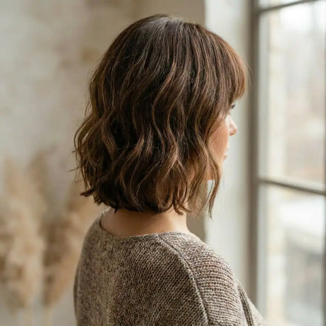 Tillstyle  layered short synthetic wig with bangs  #color_walnut-brown-highlighted