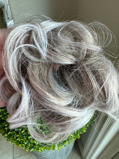 Tillstyle elastic messy bun hair piece curly hair bun pieces  white salt and pepper brownish grey