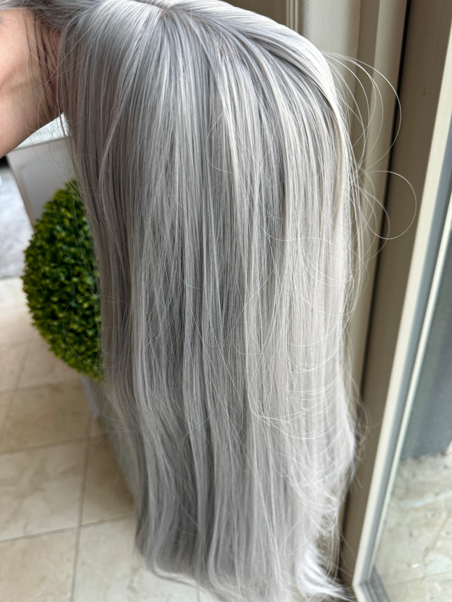 Tillstyle long silver wig with bangs straight wig for women 26 inch