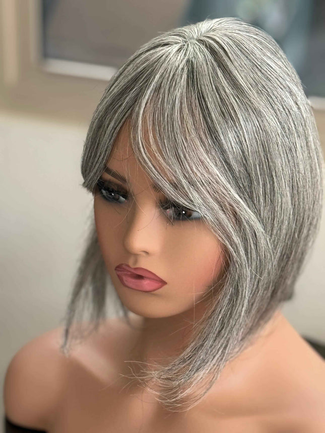 Tillstyle white silver grey Human Hair Toppers with bangs