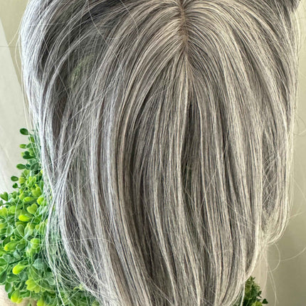 Till style  grey hair toppers for women  Salt and Pepper pale white Mix Hair with yellowish white