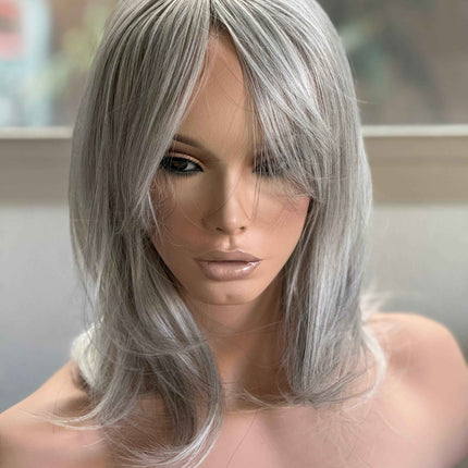 Till style blonde grey hair toppers with bangs /layered