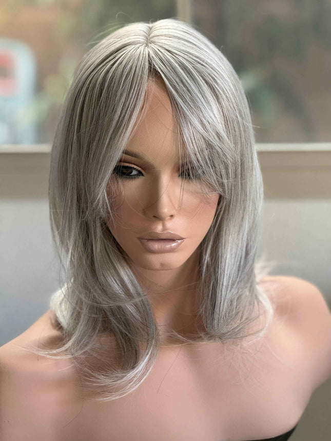 Till style blonde grey hair toppers with bangs /layered