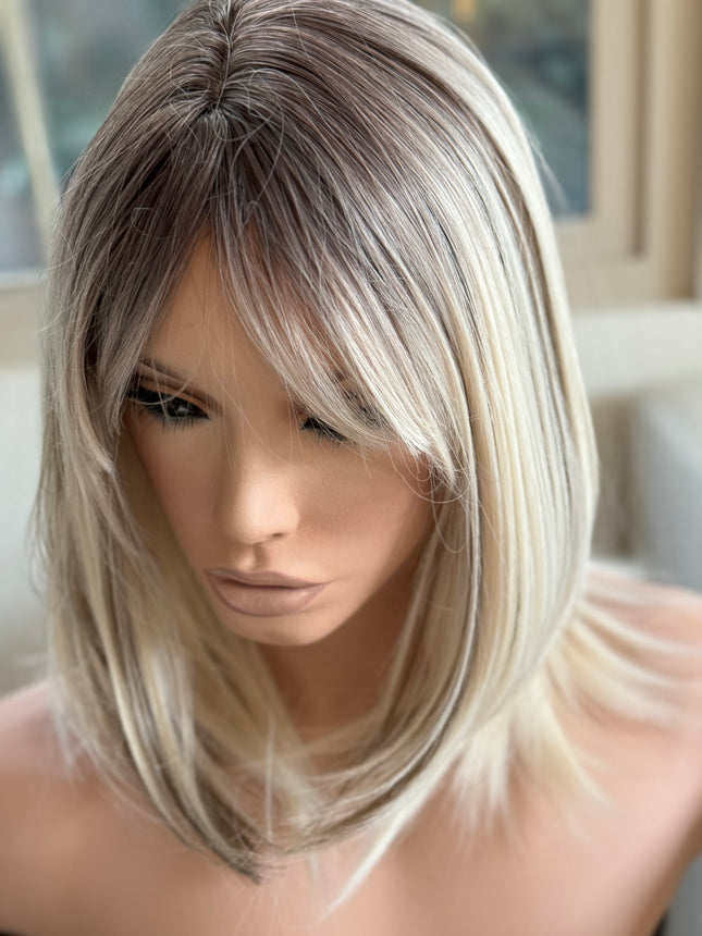 Tillstyle bleach blonde with ombre highlights wig with bangs layered synthetic wig