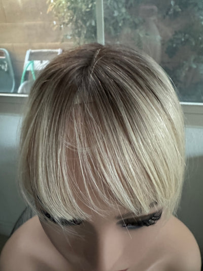 Till style remy human Hair Toppers with bangs blonde ash brown roots