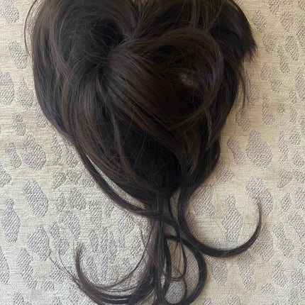 Tillstyle elastic hair-bun scrunchie hair piece with long bangs dark brown