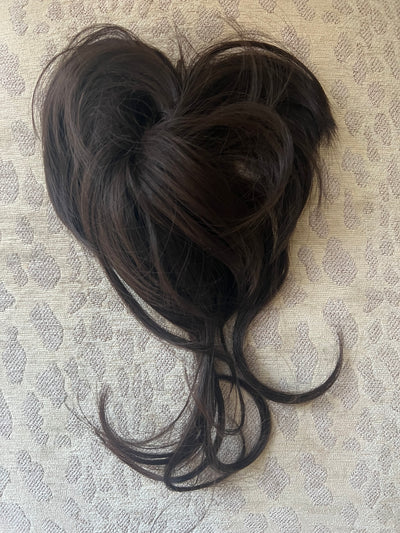 Tillstyle elastic hair-bun scrunchie hair piece with long bangs dark brown
