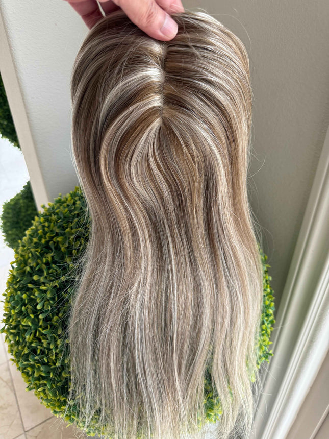 Human hair topper with mono base light Blonde highlighted