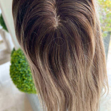 Till style human Hair Topper for women Brown ombre blonde Highlights Monobase