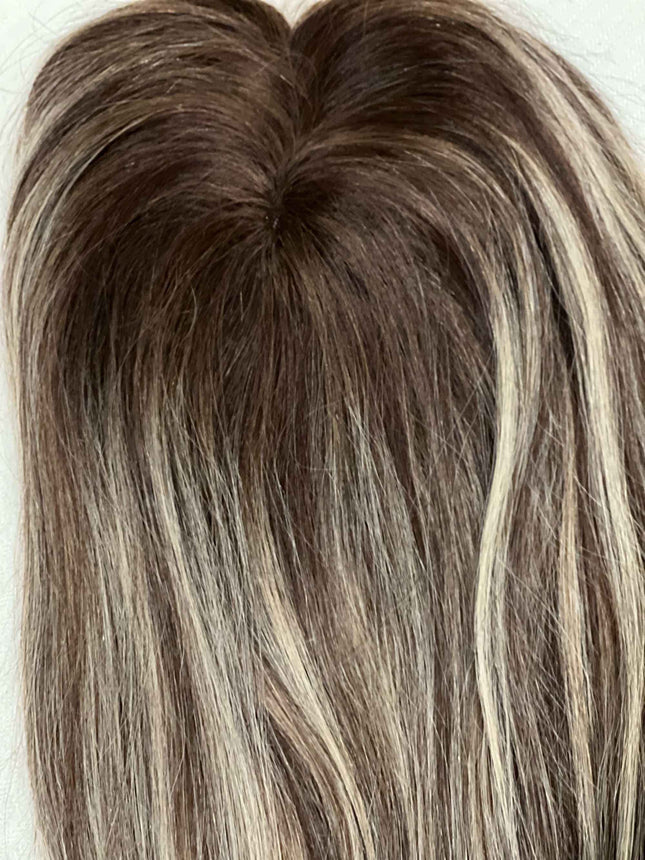 Till style human Hair Topper for women Brown ombre blonde Highlights Monobase