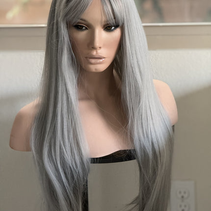 Tillstyle long grey wig with bangs straight wig  with bangs for women 26 inch