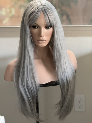 Tillstyle long grey wig with bangs straight wig  with bangs for women 26 inch