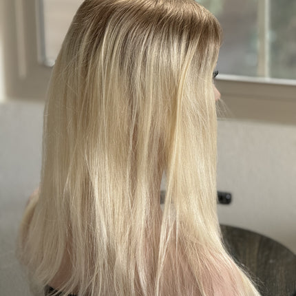 Tillstyle human hair topper with mono base Blonde with ash blonde roots