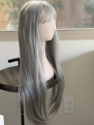 Tillstyle long silver grey wig with bangs straight wig for women 26 inch