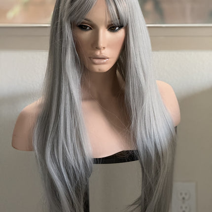 Tillstyle long grey wig with bangs straight wig  with bangs for women 26 inch