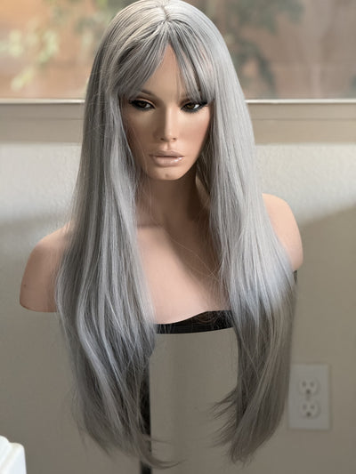 Tillstyle long grey wig with bangs straight wig  with bangs for women 26 inch