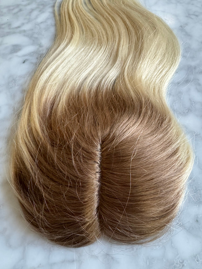 human hair topper with mono base Blonde with copper brown roots