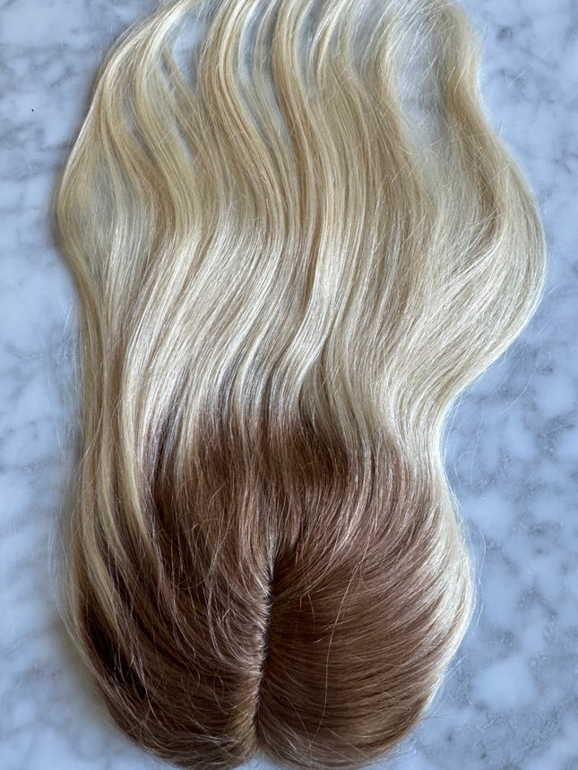 human hair topper with mono base Blonde with copper brown roots