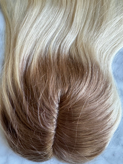 human hair topper with mono base Blonde with copper brown roots
