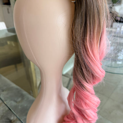 Tillstyle  brown with pink  clip in ponytail clip in pony tail synthetic premium fibre