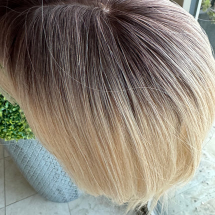 Till style remy human Hair Toppers with bangs bleach blonde brown roots