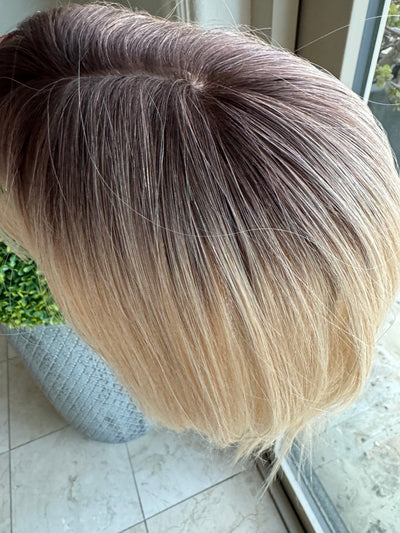 Till style remy human Hair Toppers with bangs bleach blonde brown roots