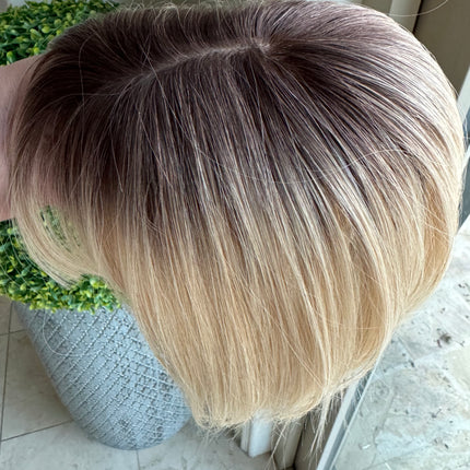 Till style remy human Hair Toppers with bangs bleach blonde brown roots