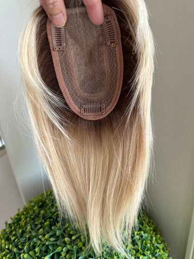 Till style remy human Hair Toppers with bangs bleach blonde brown roots