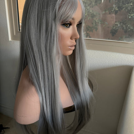 Tillstyle long grey wig with bangs straight wig  with bangs for women 26 inch