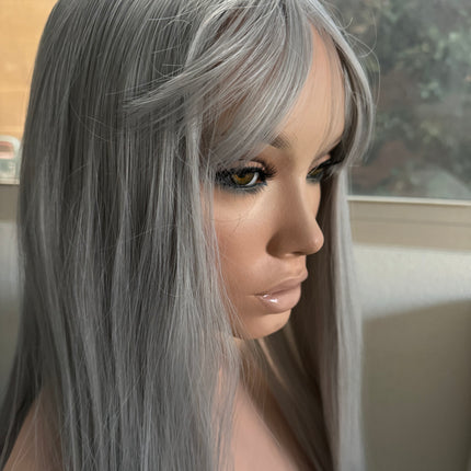 Tillstyle long grey wig with bangs straight wig  with bangs for women 26 inch