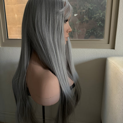 Tillstyle long grey wig with bangs straight wig  with bangs for women 26 inch