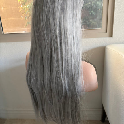 Tillstyle long grey wig with bangs straight wig  with bangs for women 26 inch